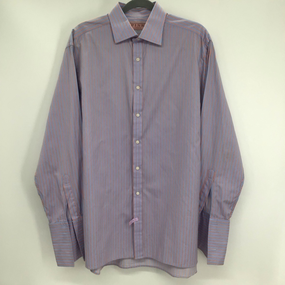 PINK Thomas Pink Striped Barrel French Cuff Men’s Dress Shirt Blue Size 16/34